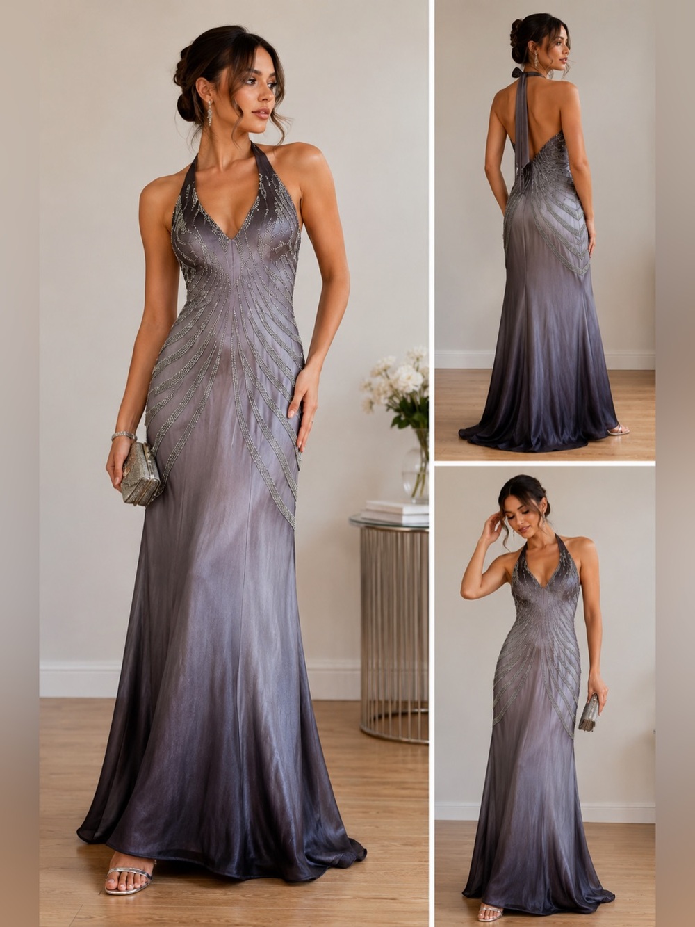 Maria Bonita USA Beaded Ombre Halter Gown XL Formal Evening Dress Gray Silver